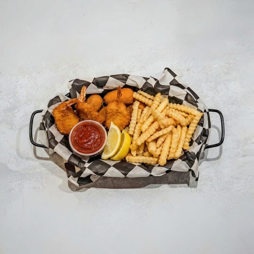 Fried shrimp, french fries, lemon wedges, and ketchup in a checkered paper-lined basket.