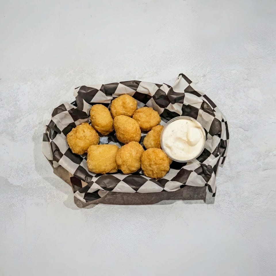 Golden-brown fried cheese curds in a black and white checkered paper-lined basket with a side of ranch.