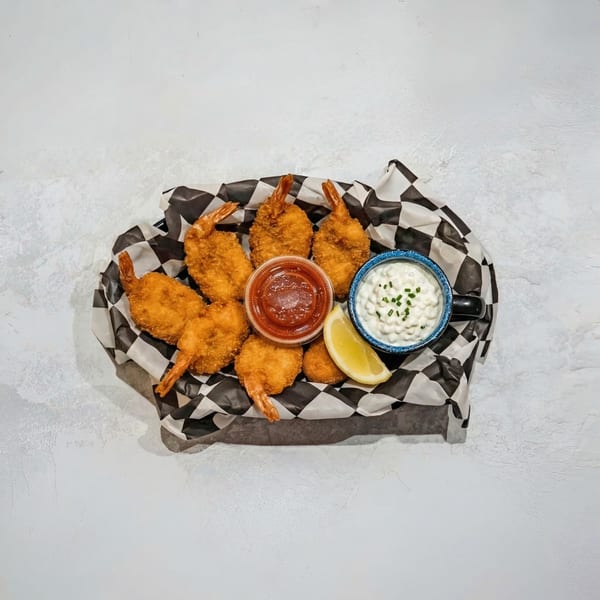 Crispy fried shrimp with cocktail sauce, tartar sauce, and a lemon wedge in a checkered paper-lined basket.