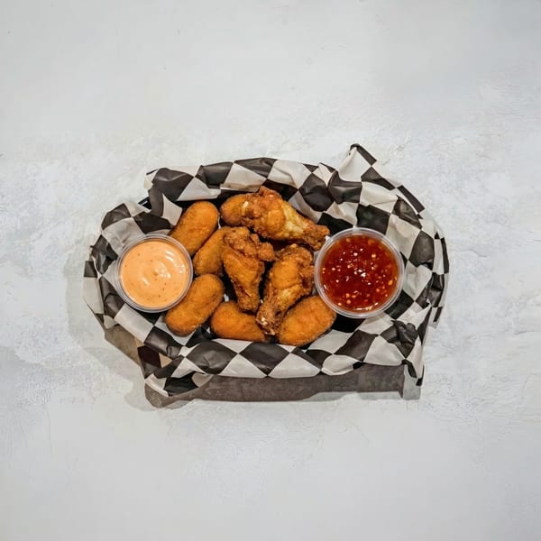 Fried chicken wings and mozzarella sticks in a checkered basket with two dipping sauces.